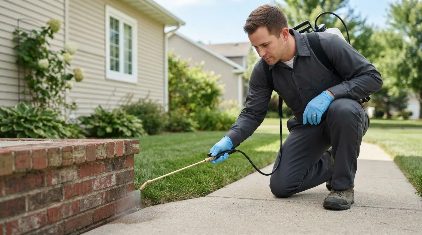 Pest control technician treating a home near Halstead, KS