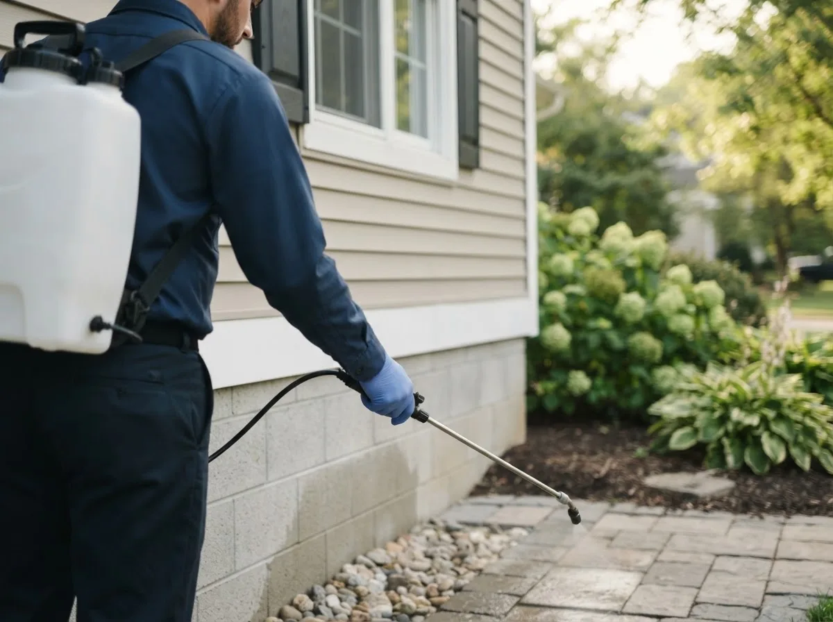 Pest control technician inspecting a home in Halstead, KS